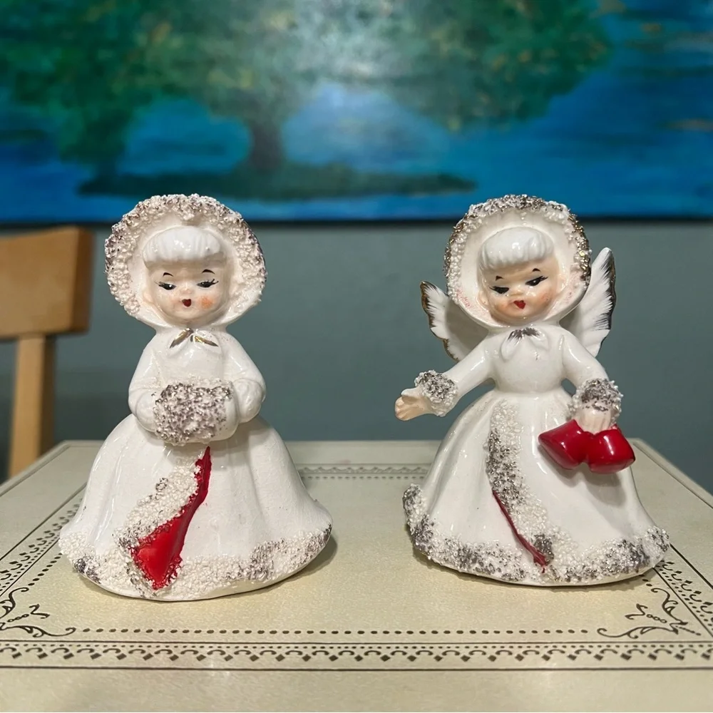 VTG 1950s Holiday Angel Figurines Set White and Red candle holders Japan